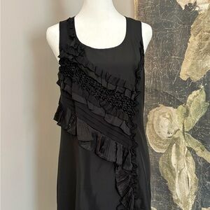 Banana Republic Black Silk Sleeveless Shift Dress w Asymmetrical Ruffle Design S